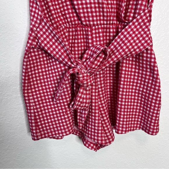 Zara Women Red White Medium Waist Tie Gingham Romper Shorts Playsuit V Neck Red - Picture 2 of 9